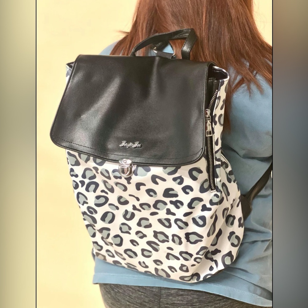 Boujie Bee Laptop Backpack White Gray Snow Leopard Print Faux Leather
